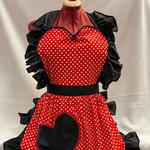 Retro Vintage 50s Style Full Apron / Pinny with Heart Shaped Top and Pocket - Red & White Polka Dot With Black Trim