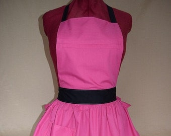 Retro Vintage 50s Style Full Apron / Pinny - Pink with Black Ties
