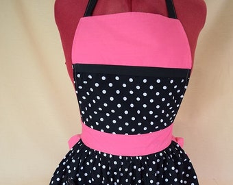 Retro Vintage 50s Style Full Apron / Pinny - Black & White Polka Dot with Pink Trim