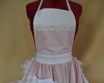 Retro Vintage 50s Style Full Apron / Pinny - Baby Pink & White with Lace Trim