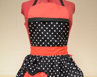 Retro Vintage 50s Style Full Apron / Pinny - Black & White Polka Dot with Red Trim with Heart Shaped Pocket