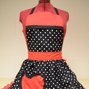 Retro Vintage 50s Style Full Apron / Pinny - Black & White Polka Dot with Red Trim with Heart Shaped Pocket