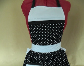 Retro Vintage 50s Style Full Apron / Pinny - Black & White Polka Dot with White Trim