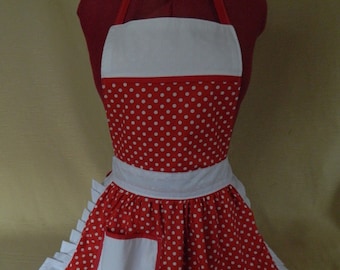 Retro Vintage 50s Style Full Apron / Pinny - Red & White Polka Dot with White Trim