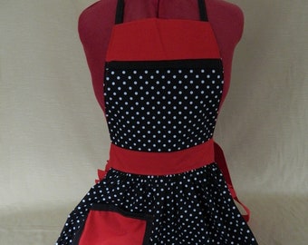 Retro Vintage 50s Style Full Apron / Pinny - Black & White Polka Dot with Red Trim