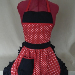Retro Vintage 50s Style Full Apron / Pinny - Red & White Polka Dot with Black Trim