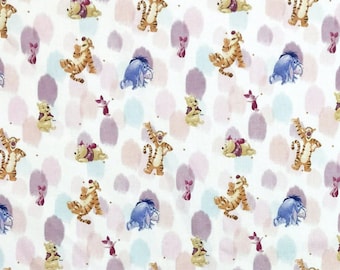 May include: White fabric with a repeating pattern of Winnie the Pooh and Piglet characters. The characters are in various poses and colors, including red, yellow, and blue. The background is white with light pink and blue watercolor-like spots.