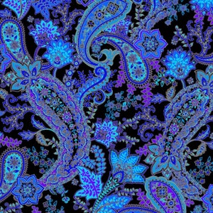 Könnte beinhalten: Ein nahtloses Muster mit komplizierten Paisley-Designs in Blautönen, Lila und Gold auf schwarzem Hintergrund. Das Muster erinnert an traditionelle indische Textilien und eignet sich für Stoffe, Tapeten oder andere dekorative Anwendungen.