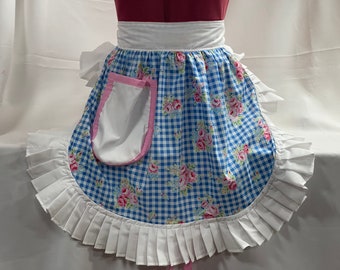 Retro Vintage 50s Style Half Apron / Pinny - Blue & White Gingham with Flowers and White Trim
