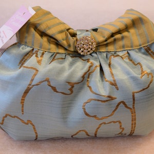 Fabrique Creations Vintage Style Old Gold & Duck Egg Blue Faux Silk Satin Evening Bag with Gold Satin Lining