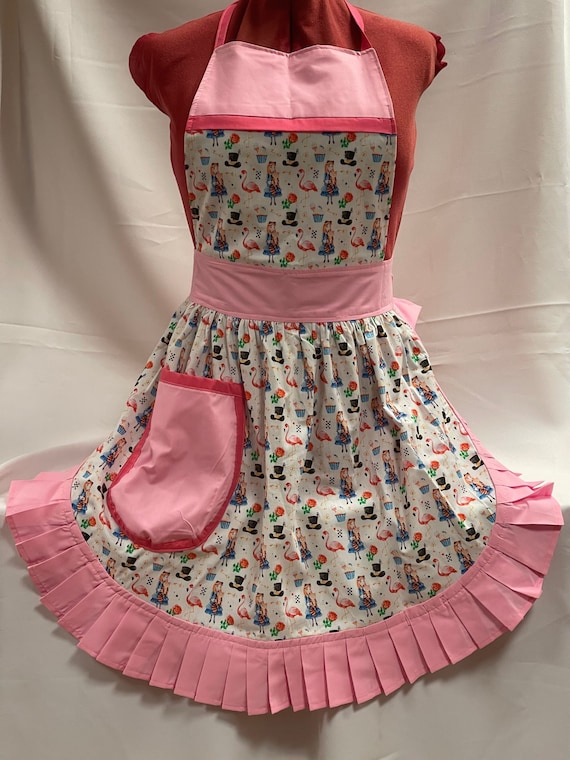 Retro Vintage 50s Style Full Apron / Pinny - Wonderland Flamingo