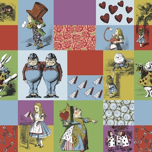 May include: A colorful collage of illustrations from Alice in Wonderland. The images include the Mad Hatter, the Queen of Hearts, the Cheshire Cat, the White Rabbit, and the Tweedledee and Tweedledum twins. The background is a patchwork of different colors and patterns.