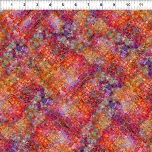 May include: Abstract geometric pattern fabric with a colourful mosaic design in shades of red, orange, yellow, blue, and purple.