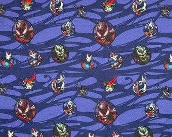 May include: Purple fabric with a repeating pattern of black, red and green cartoon characters in circles. The characters are in various poses and expressions.