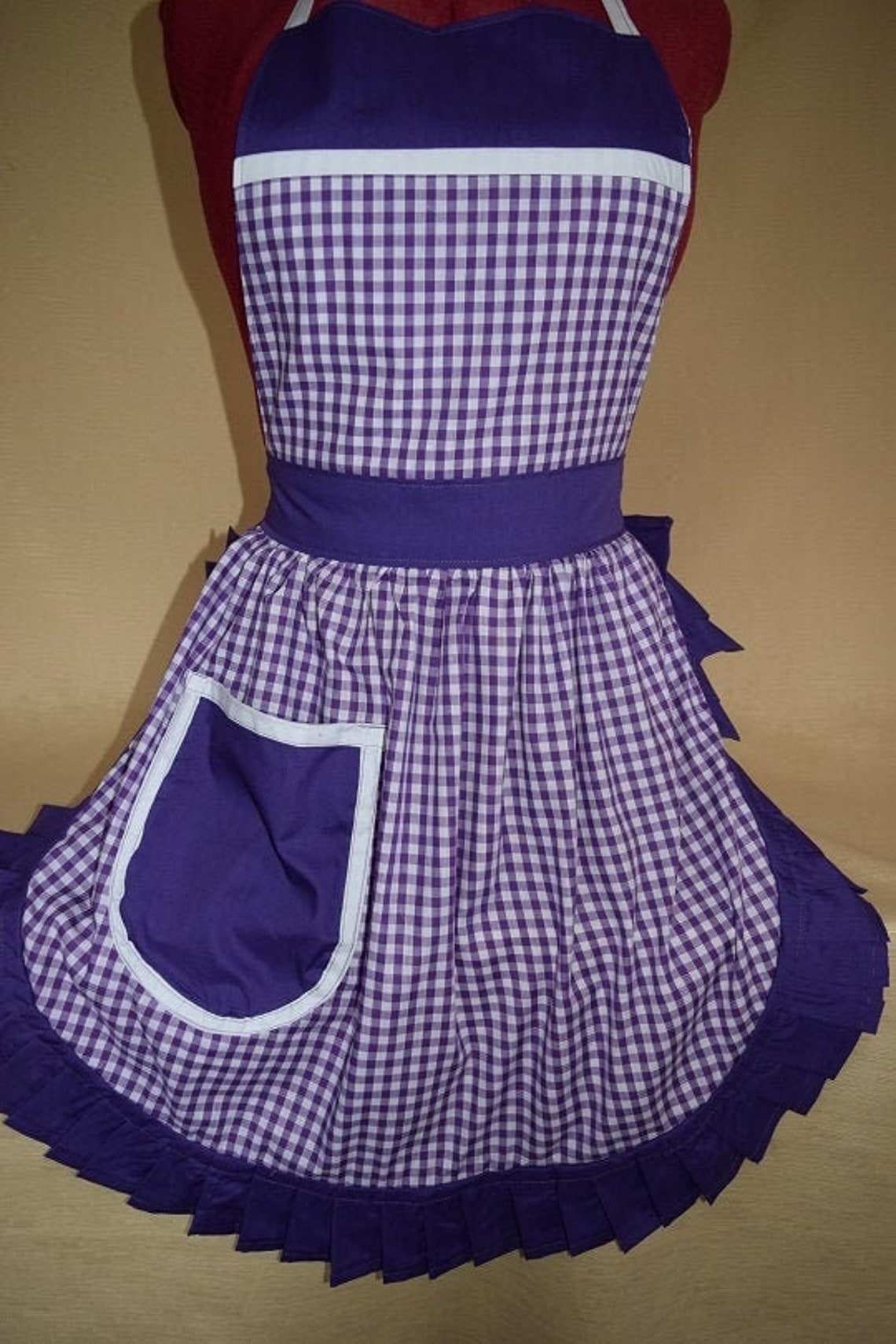 thumbnail image 2 of Retro 50s Style Full Apron – Black & White Spot With Purple Trim, Cotton Blend, Kitchen Pinny 2 of 4