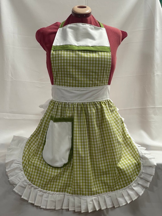 Retro Vintage 50s Style Full Apron / Pinny - Apple Green Gingham