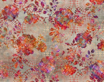 Könnte beinhalten: Ein nahtloses Muster mit einem floralen Design mit roten, orangefarbenen und violetten Blumen und Blättern auf einem grauen Hintergrund mit einem geometrischen Muster.
