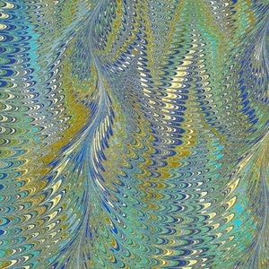 May include: Abstract marbled paper with a swirling pattern in shades of blue, green, gold, and white.