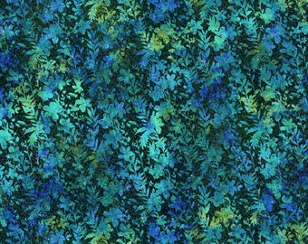 Könnte beinhalten: Ein nahtloses Muster mit einem dunkelblauen Hintergrund und einem sich wiederholenden Design aus blauem und grünem Laub.