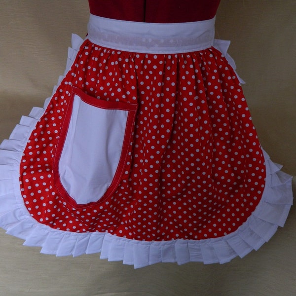 Retro Vintage 50s Style Halbschürze / Pinny - Rot & Weiß gepunktet mit weißer Borte