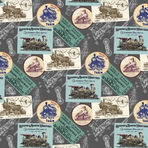 Puede incluir: Un patrón repetitivo con ilustraciones de trenes de vapor, billetes y diseños circulares. La paleta de colores incluye tonos de azul, marrón y gris. El texto incluye "Cheap Trips Train", "Ealing Broadway" y "Caledonian Railways".