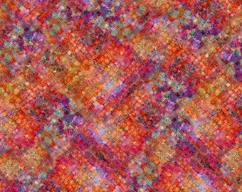 Könnte beinhalten: Abstraktes geometrisches Muster mit diagonalem Design. Das Muster besteht aus kleinen Quadraten in Rot-, Orange-, Gelb-, Blau- und Violetttönen.