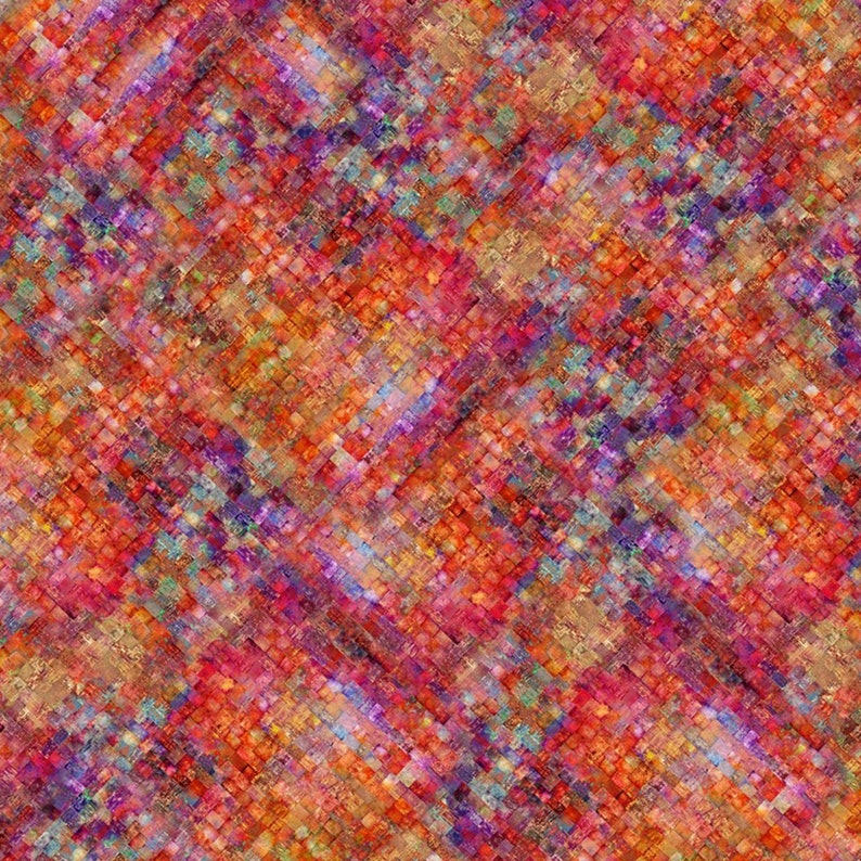May include: Abstract geometric pattern with a diagonal design. The pattern is made up of small squares in shades of red, orange, yellow, blue, and purple.