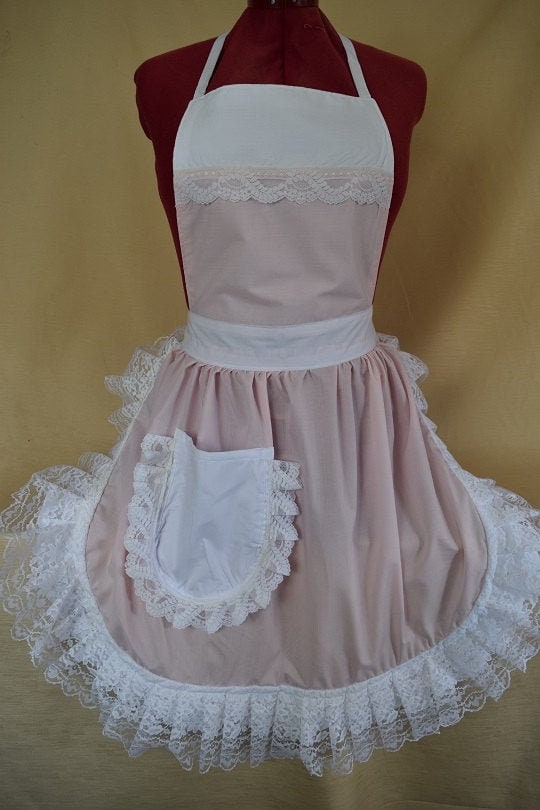 Retro Vintage 50s Style Full Apron / Pinny - Baby Pink & White