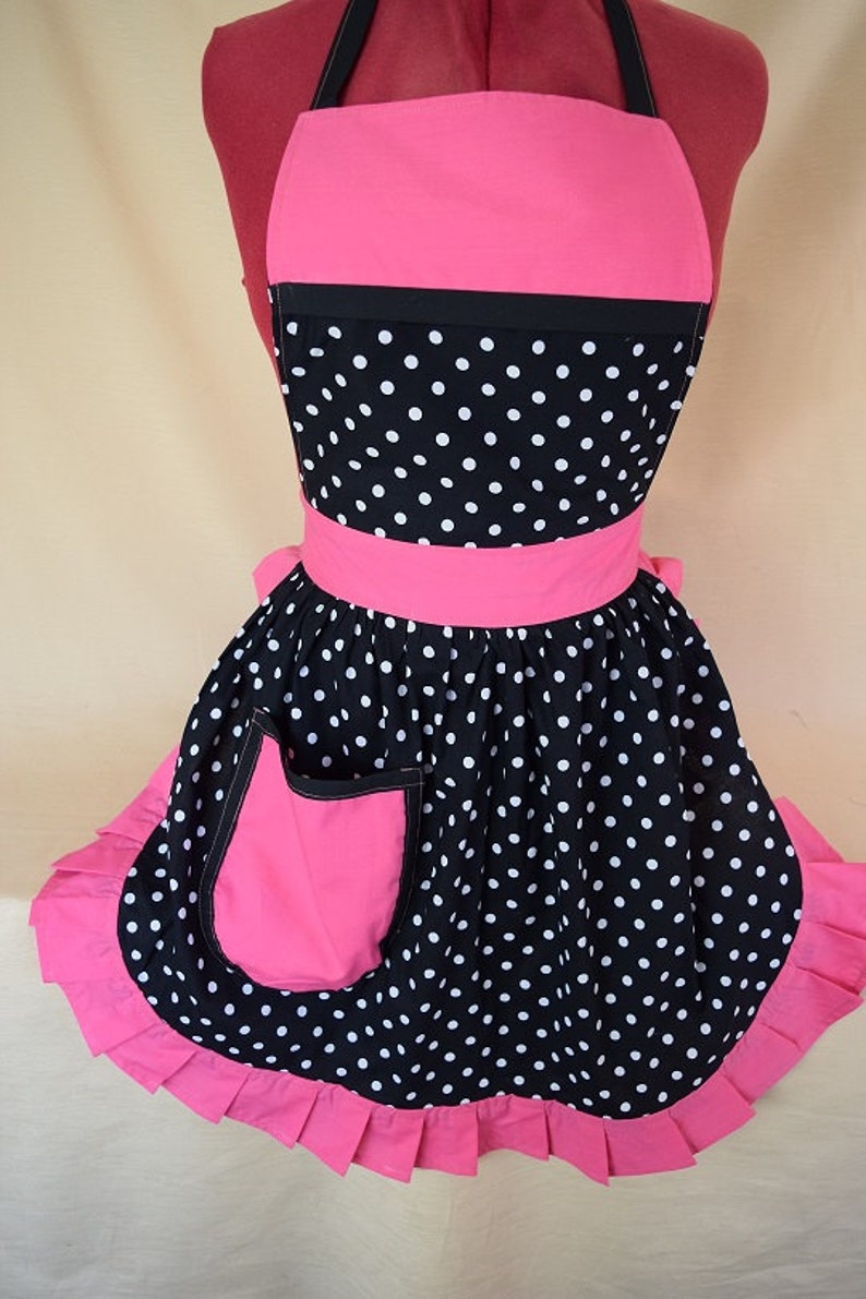 Black /& White Polka Dot with Pink Trim Retro Vintage 50s Style Full Apron Pinny