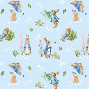 May include: A light blue fabric pattern featuring repeating illustrations of a brown rabbit wearing a blue jacket. The rabbit is depicted in various garden activities, including holding a green watering can, standing near flowers, and jumping.