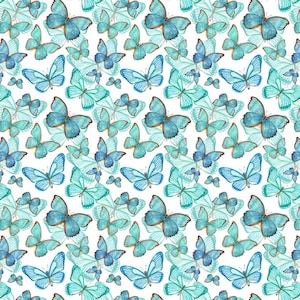 May include: A seamless pattern featuring watercolor butterflies in shades of blue and green on a white background. The butterflies are arranged in a repeating pattern, creating a whimsical and elegant design.