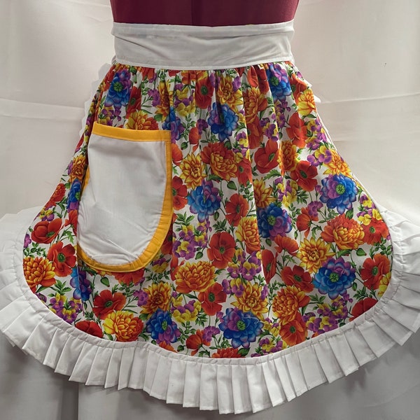 Retro Vintage 50s Style Half Apron / Pinny - Summer Flowers with White Trim