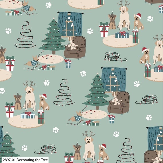 Freddie & Friends at Christmas Digital Print Fabric Decorating the Tree  100% Cotton 2897-01 