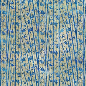 May include: A seamless pattern featuring a repeating design of blue bamboo stalks with leaves on a beige background.