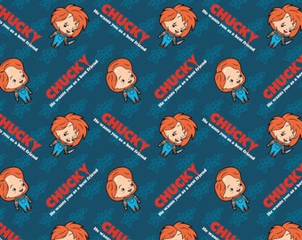 May include: A blue background with a repeating pattern of a cartoon character with red hair, wearing blue overalls and holding a knife. The character is surrounded by the text "Chucky" and "He wants you as a best friend".