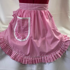 Retro Vintage 50s Style Half Apron / Pinny - Pink with Pink & White Gingham Trim