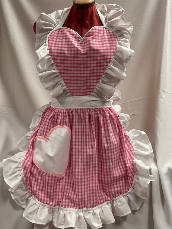 Retro Vintage 50s Style Full Apron / Pinny with Heart Shaped Top and Pocket  Pink and White Gingham with White Trim -  Portugal