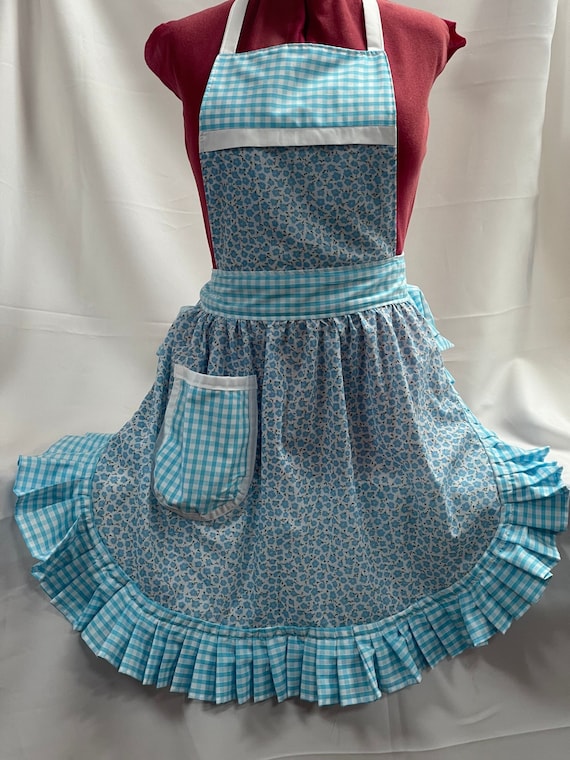 トップス vintage apron Retro Vintage 50s Style Full Apron / Pinny - Turquoise Floral With