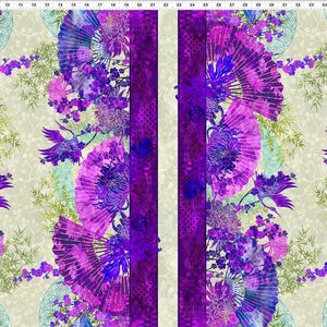 May include: Textile featuring a repeating pattern of purple and pink floral fans, birds, and flowers on a light beige backdrop. Vertical purple stripes frame the design. Suitable for sewing and craft projects.