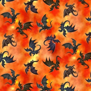 May include: A repeating pattern of stylized dragons in shades of black and brown against a fiery orange and yellow background. The dragons are depicted with outstretched wings, creating a fantasy or mythical theme.
