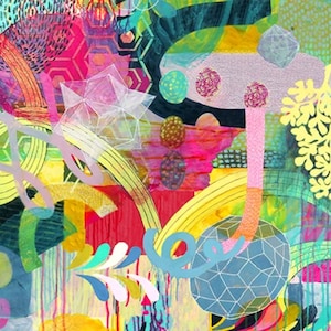May include: Abstract painting with a colorful, layered design. The painting features geometric shapes, swirls, and organic forms in shades of pink, yellow, blue, green, and white.