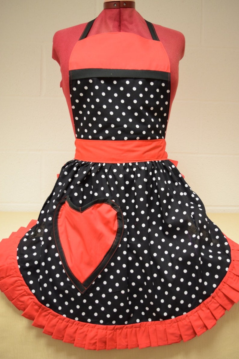 Retro Vintage 50s Style Full Apron / Pinny Black & White Polka Dot with Red Trim with Heart Shaped Pocket image 1