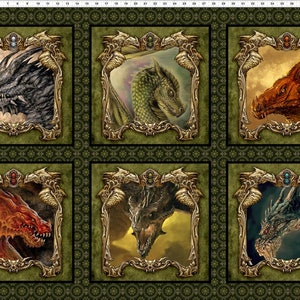 Könnte beinhalten: Sechs verschiedene Drachenköpfe sind in verzierten goldenen Rahmen vor einem grünen Hintergrund dargestellt. Jeder Drache hat eine einzigartige Farbe und ein einzigartiges Design, darunter Schwarz, Grün, Rot und Blau.