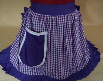 Retro Vintage 50s Style Half Apron / Pinny - Purple & White