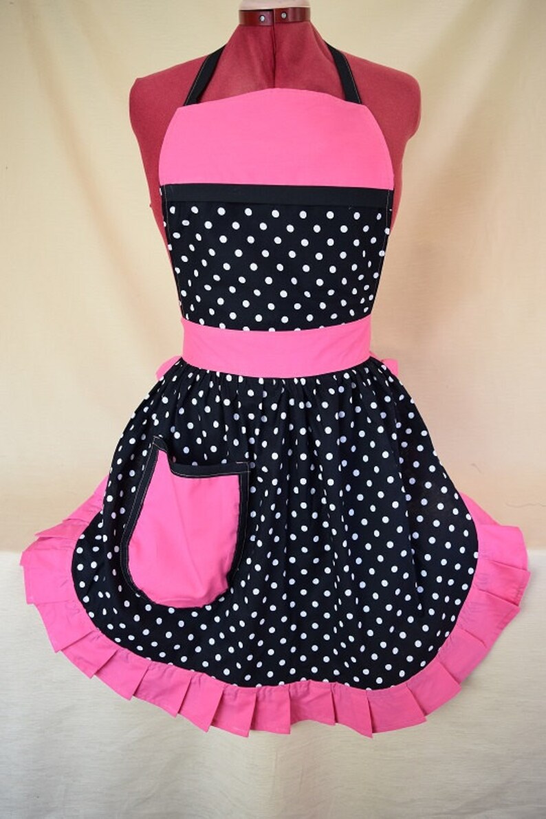 Black /& White Polka Dot with Pink Trim Retro Vintage 50s Style Full Apron Pinny