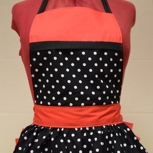 Retro Vintage 50s Style Full Apron / Pinny Black & White Polka Dot with Red Trim with Heart Shaped Pocket image 2