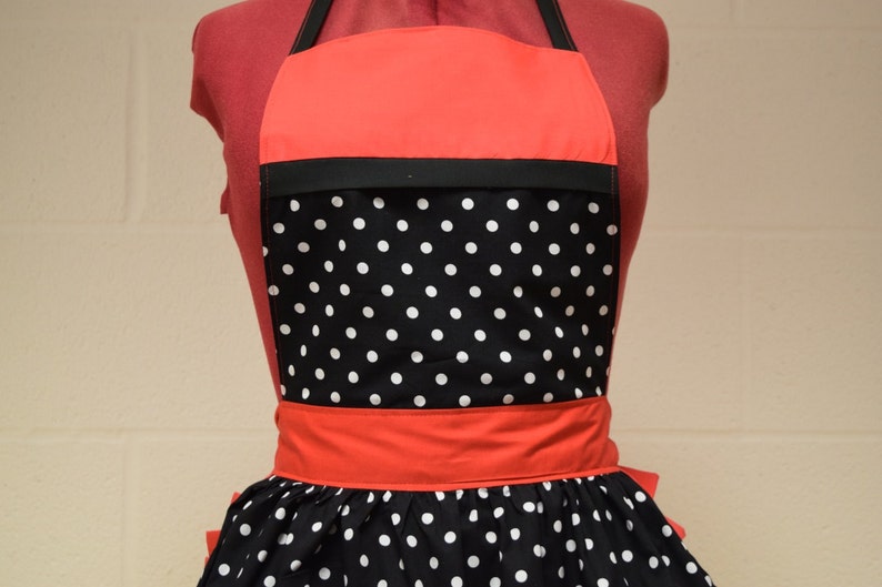 Retro Vintage 50s Style Full Apron / Pinny Black & White Polka Dot with Red Trim with Heart Shaped Pocket image 2