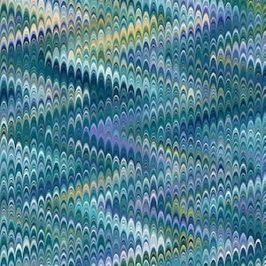 May include: Abstract pattern with a repeating design of overlapping teal, blue, green, and white arches. The pattern is reminiscent of a fish scale or a wave.