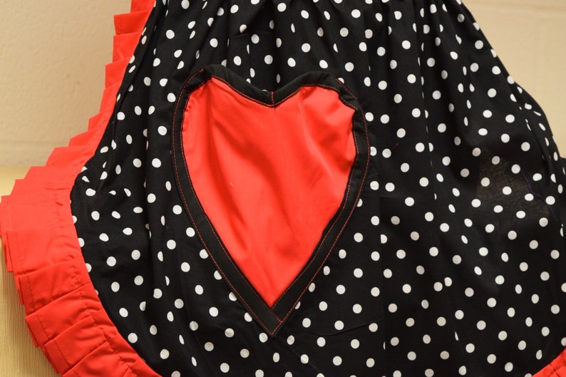 Retro Vintage 50s Style Full Apron / Pinny Black & White Polka Dot with Red Trim with Heart Shaped Pocket image 3
