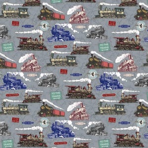 May include: A repeating pattern featuring illustrations of steam trains in shades of red, blue, and gold, with white smoke against a grey backdrop. The design includes text reading "TO THE TRAINS" and "TO THE STATION".